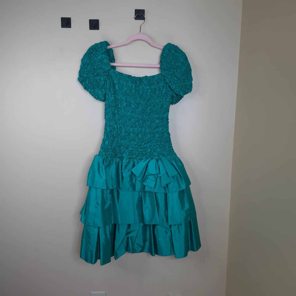 Vintage Teal Puff-Sleeve Mini Dress